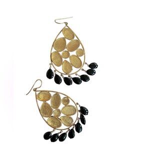 Gold-plated black onyx-style beads, teardrop shaped, like new, large dangling